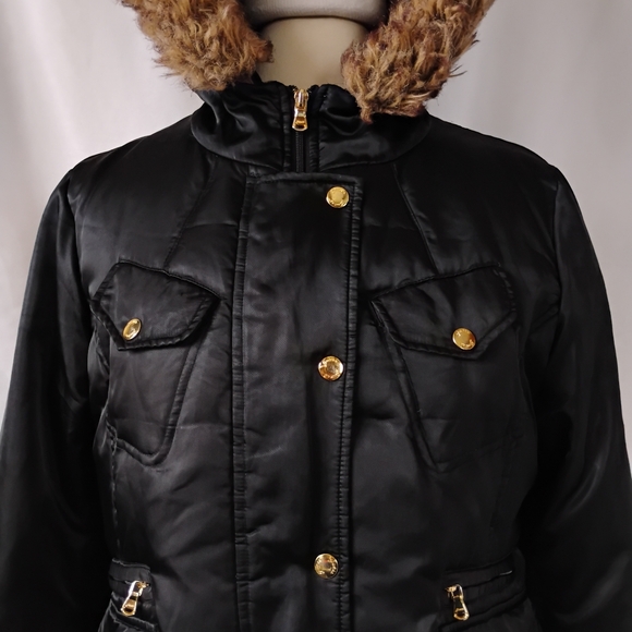 Women's Guess Black & Gold Winter Puffer Coat Hooded Jacket with Faux Fur Trim - Picture 3 of 16